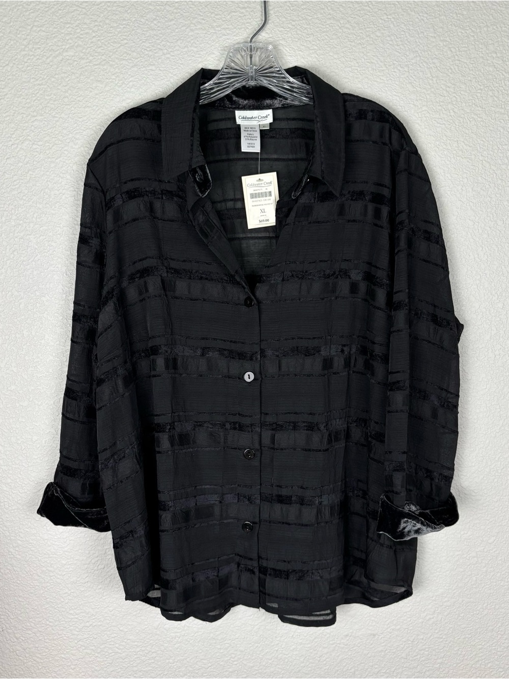 Coldwater Creek Blouse XL Black NWT Button Down Sheer Velvet